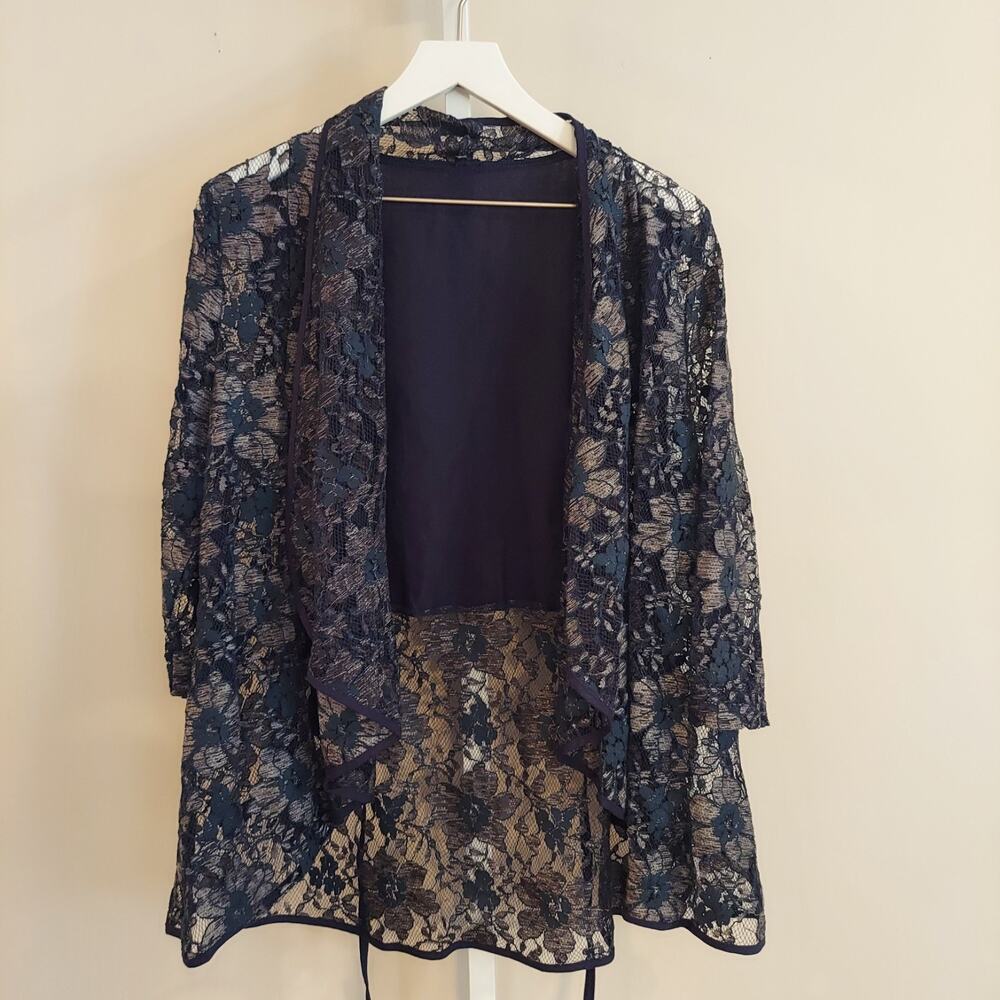 Navy Blue Lace Cardigan Medium Tie Back Open Front 3/4 Sleeve Whimsigoth Fairy